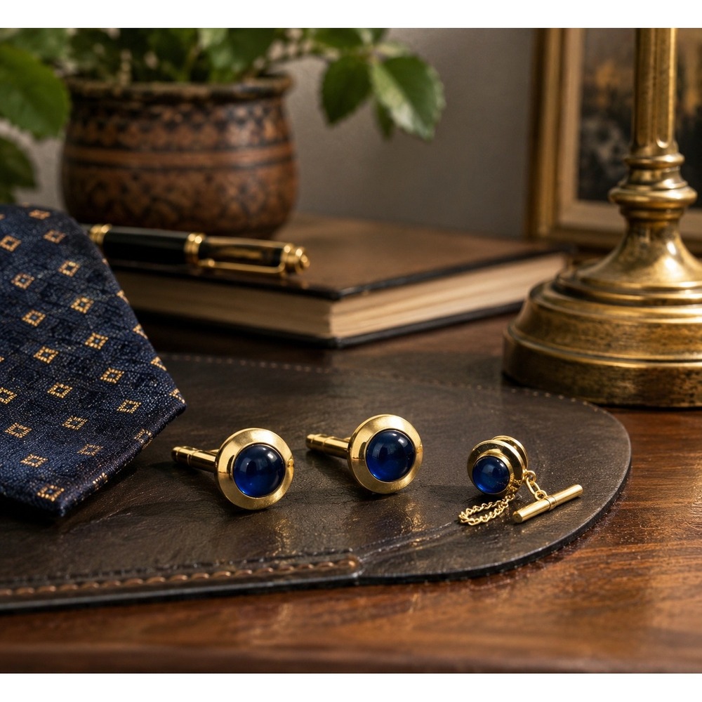 Vintage Swank Cufflinks Tie Tack Set Blue Cabochon Gold Tone MCM Mens Jewelry